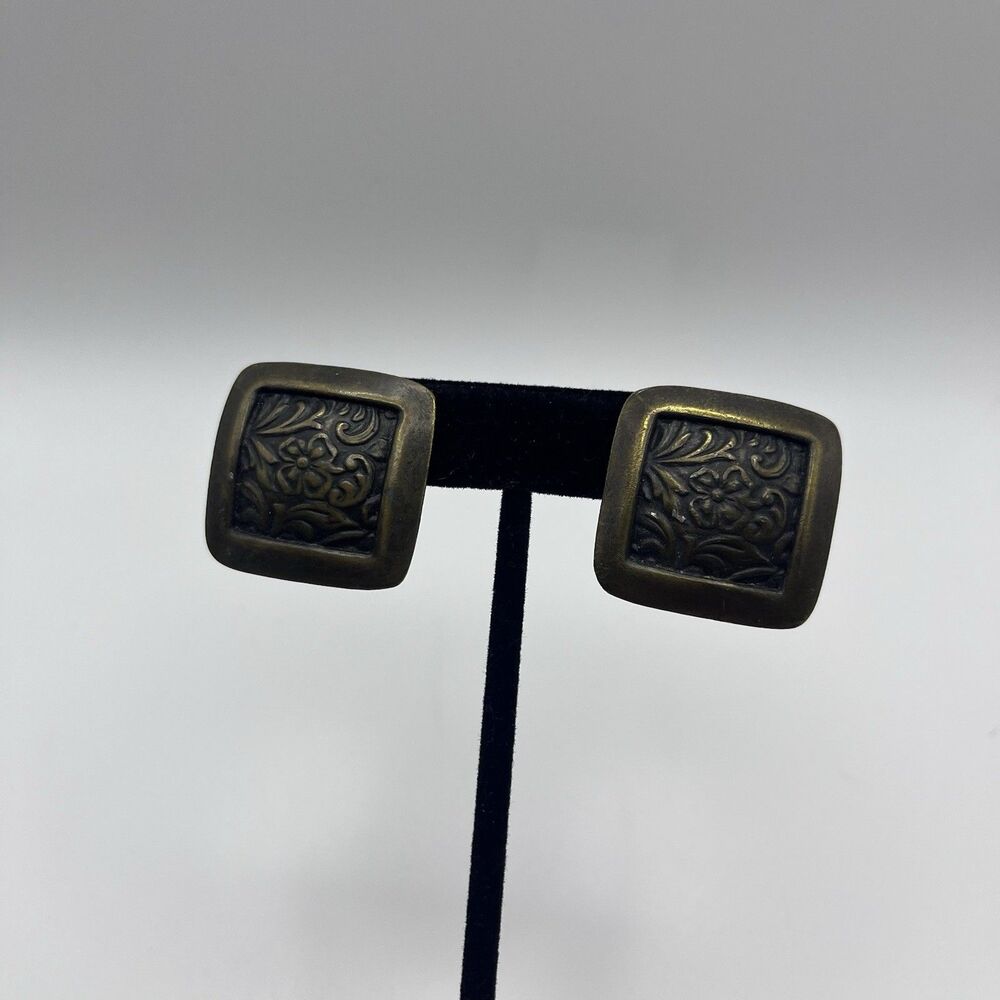 Bronze Tone Floral Filigree Design Square Stud  Earrings Vintage